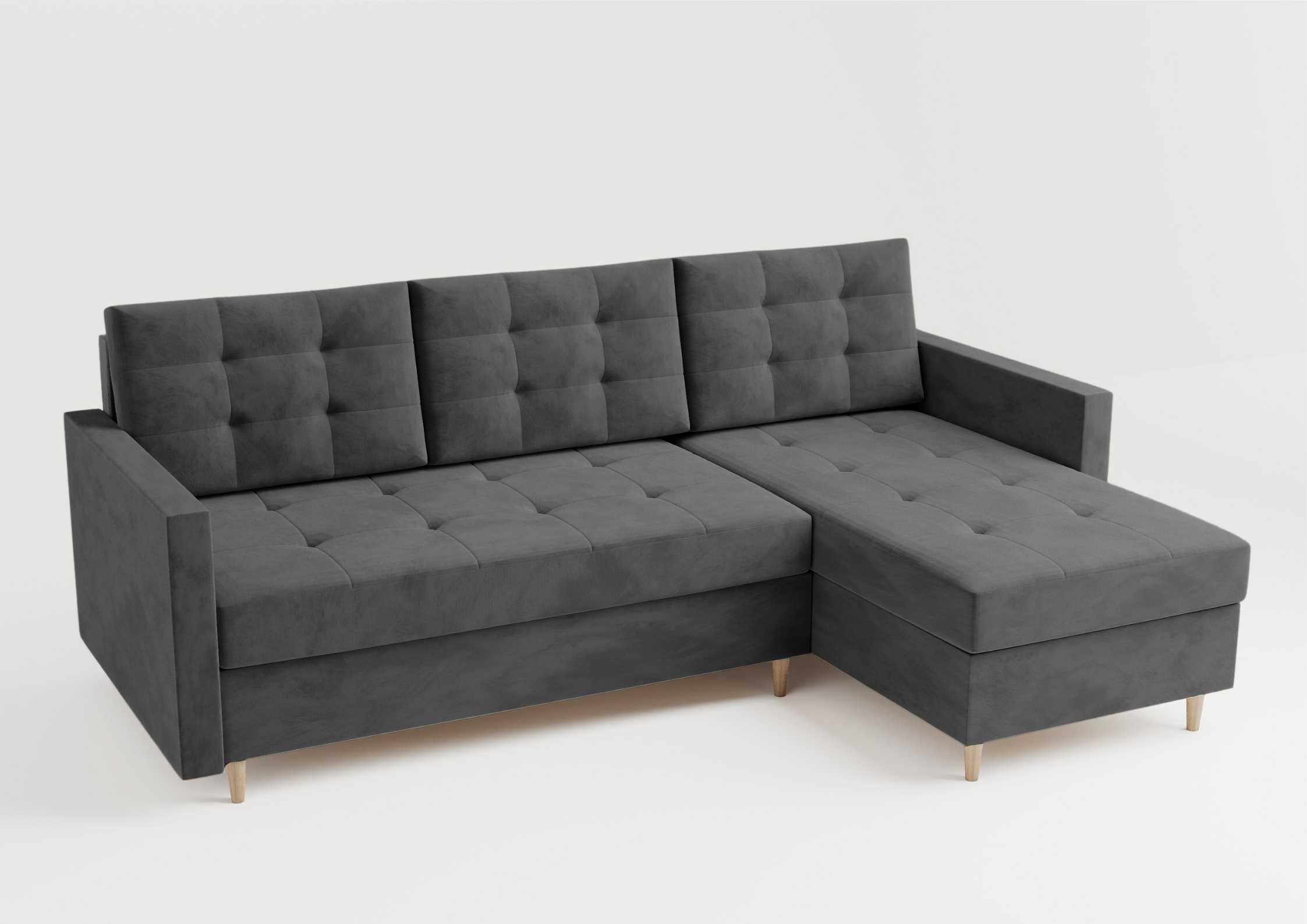 Pikowany narożnik skandynawski z funkcją spania na drewnianych nogach w kolorze grafitowym